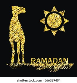 Ramadan greeting with camel, Islamic greeting card for Ramadan Kareem with gold glitters Vector 