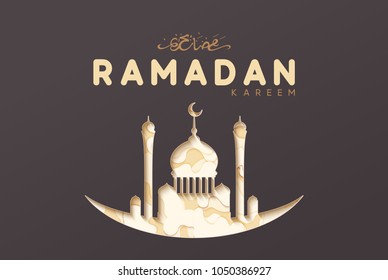 Ramadan greeting card with arabic calligraphy Ramadan Kareem. Islamic background half a month with mosques