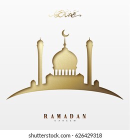 Tarjeta de saludo de Ramadán con caligrafía árabe Ramadan Kareem. Fondo islámico con mezquitas