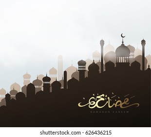 Ramadan greeting card with arabic calligraphy Ramadan Kareem. Islamic background with mosques.