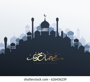Ramadan greeting card with arabic calligraphy Ramadan Kareem. Islamic background with mosques.