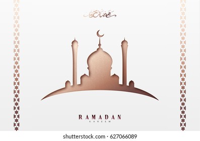 Tarjeta de saludo de Ramadán con caligrafía árabe Ramadan Kareem. Fondo islámico con mezquitas
