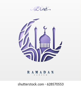 Ramadan greeting card with arabic calligraphy Ramadan Kareem. Islamic background half a month with mosques