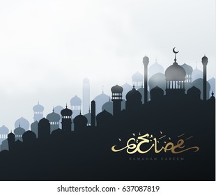 Ramadan greeting card with arabic calligraphy Ramadan Kareem. Islamic background with mosques.