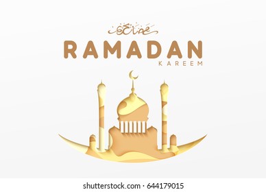 Ramadan greeting card with arabic calligraphy Ramadan Kareem. Islamic background half a month with mosques