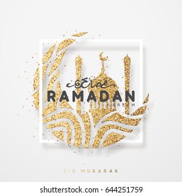 Ramadan greeting card. Arabic calligraphy Ramadan Kareem. Islamic background golden half a month with mosques