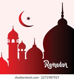 fondo de tarjeta de saludo ramadan con adornos de faroles de estrella lunar y un masji ramadán típico, con ilustración de mezquita. ilustración única de ramadan