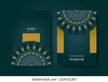 Ramadan greeting card background set. Two cover template design for poster Eid Mubarak or Ramadan Kareem sale banner