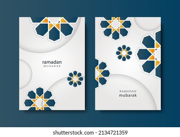Ramadan greeting card background set. Two cover template design for poster Eid Mubarak or Ramadan Kareem sale banner