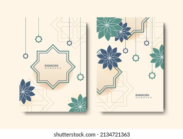 Ramadan greeting card background set. Two cover template design for poster Eid Mubarak or Ramadan Kareem sale banner