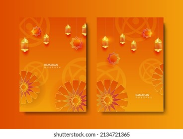 Ramadan greeting card background set. Two cover template design for poster Eid Mubarak or Ramadan Kareem sale banner