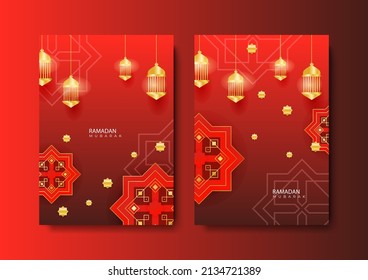 Juego de fondo de la tarjeta de saludo de Ramadán. Dos diseños de plantilla de portada para el cartel Eid Mubarak o el banner de venta Ramadan Kareem