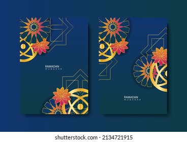 Ramadan greeting card background. Set of two cover template design for poster Eid Mubarak or Ramadan Kareem sale banner with dark blue color and golden shapes decoration