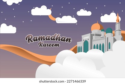 Ramadan Grußkartenhintergrund mit Moschee über den Wolken 