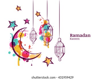 Ramadan greeting card or banner background. Traditional watercolor lanterns, moon and stars. Ramadan Kareem watercolor decoration background. Vector design for muslim holiday. 
