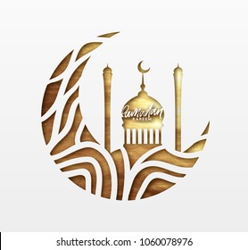Ramadan greeting card with calligraphy Ramadan Kareem. Islamic background half a month with mosques in golden luxury texture