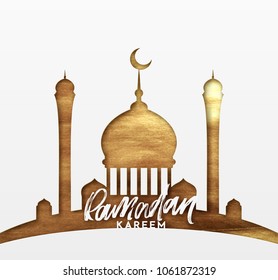 Ramadan greeting card with calligraphy Ramadan Kareem. Islamic background half a month with mosques in golden luxury gradient texture