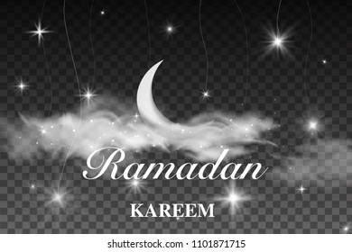 Ramadan greeting card with crescent. Ramadan Kareem islamic design crescent moon on starry background with clouds. the Muslim feast of the holy month of Ramadan Kareem. 