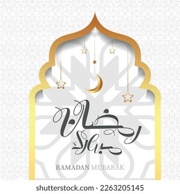 Ramadan greeting card with crescent moon window Arabic ornament, Ramadan ramadan mubarak Calligraphy