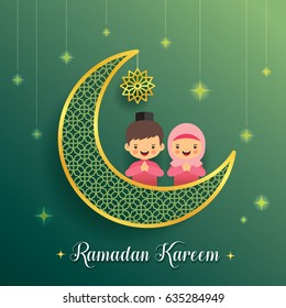 Ramadan greeting card with crescent moon and starry decor with cartoon muslim kids on green background. Vector illustration. Ramadan Kareem means Ramadan the Generous Month.