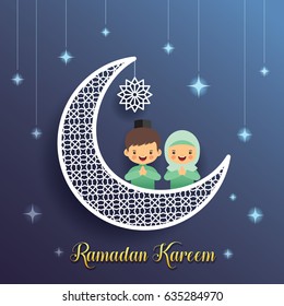 Ramadan Greeting Card With Crescent Moon And Starry Decor With Cartoon Muslim Kids On Blue Background. Vector Illustration. Ramadan Kareem Means Ramadan The Generous Month.