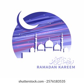 Ramadan greeting card with crescent, mosque and Arabic calligraphy. Text meaning: Ramadan Kareem. Vector illustration.