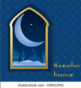 Ramadan greeting card with crescent in mosque window and arabic ornament. Vector Illustration