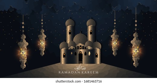 Ramadan greeting card with crystallize mosque and lamp background