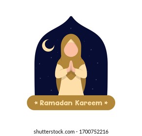 Ramadan greeting card. Cute cartoon muslim kids holding lantern with crescent moon, stars and mosque as background. Vector illustration. Ramadan Kareem means Ramadan the Generous Month.
