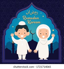 Ramadan greeting card in cute cartoon muslim kids saying hello with crescent moon, starts and mosque background in vector illustration.