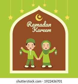 Ramadan greeting card with cute cartoon muslim kids holding lantern