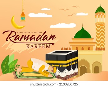 Ramadan greeting card. Cute cartoon muslim kids holding lanterns with crescent moon, stars and mosque as background. Vector illustration. Ramadan Kareem means Ramadan Month of Generosity.