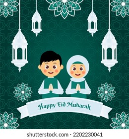 Ramadan greeting card. Cute cartoon muslim kids holding lantern with crescent moon and mandala on green paper cut background. Vector illustration. Ramadan Kareem means Ramadan the Generous Month.