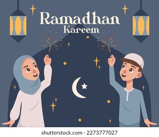 Ramadan greeting card. Cute cartoon muslim kid holding firework on dark blue background and two lanterns. Vector illustration. Kareem Ramadhan means Month of Ramadan.