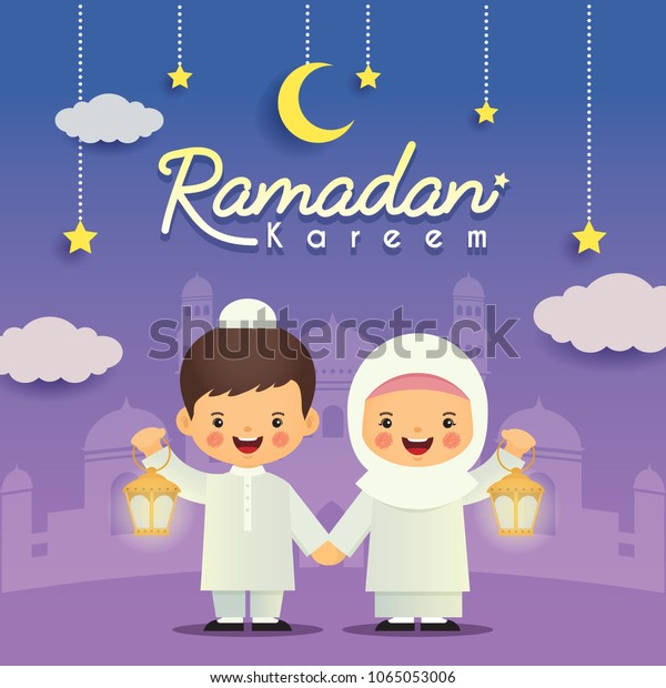 Vektor Stok Kartu ucapan Ramadhan. Lucu kartun muslim (Tanpa Royalti