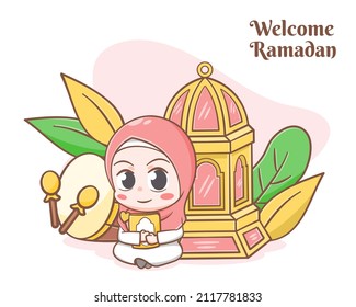Ramadan greeting card with cute girl cartoon illustration