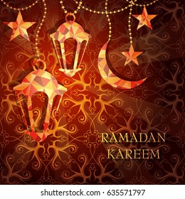 Ramadan greeting card design with Arabic lantern (Ramadan Kareem translation: Bless You During The Holy Month)