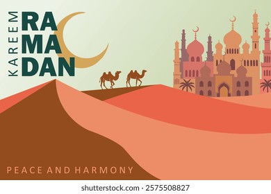 Ramadan Greeting Card Design with desert dunes, camel silhouettes, crescent moon, and mosque. Perfect for Ramadan Kareem, Eid Mubarak, and Islamic themes.