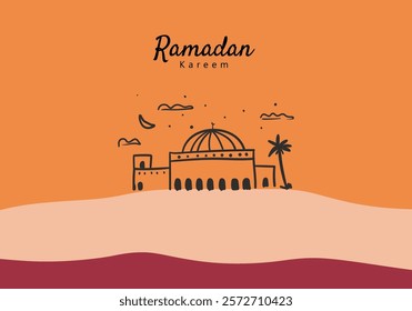 Ramadan greeting card design featuring a mosque, crescent moon, clouds, stars, and a desert landscape