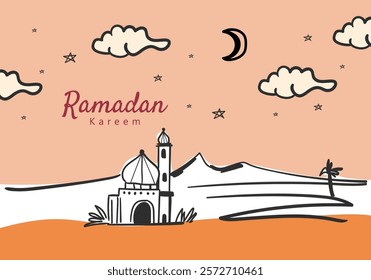 Ramadan greeting card design featuring a mosque, crescent moon, clouds, stars, and a desert landscape