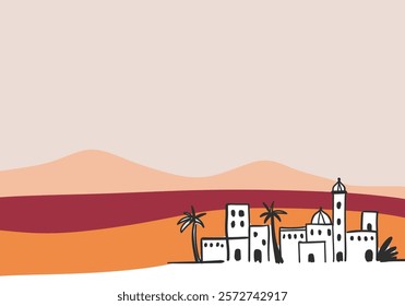 Ramadan greeting card design featuring a mosque, crescent moon, clouds, stars, and a desert landscape