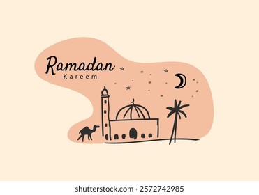 Ramadan greeting card design featuring a mosque, crescent moon, clouds, stars, and a desert landscape