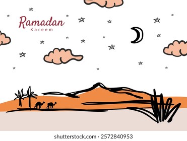 Ramadan greeting card design featuring a mosque, crescent moon, clouds, stars, and a desert landscape