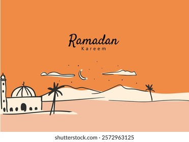 Ramadan greeting card design featuring a mosque, crescent moon, clouds, stars, and a desert landscape