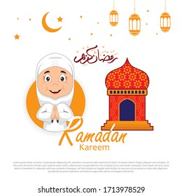 ramadan greeting card design with ramadan kareem cartoon character. Translated: Happy & Holy Ramadan. Month of fasting for Muslims. Arabic Calligraphy.