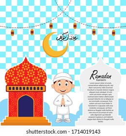ramadan greeting card design with ramadan kareem cartoon character. Translated: Happy & Holy Ramadan. Month of fasting for Muslims. Arabic Calligraphy.