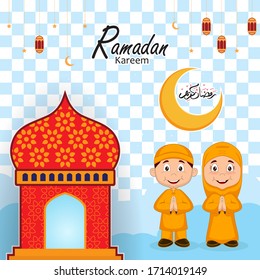 ramadan greeting card design with ramadan kareem cartoon character. Translated: Happy & Holy Ramadan. Month of fasting for Muslims. Arabic Calligraphy.