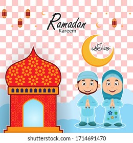 ramadan greeting card design with ramadan kareem cartoon character. Translated: Happy & Holy Ramadan. Month of fasting for Muslims. Arabic Calligraphy.