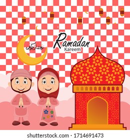 ramadan greeting card design with ramadan kareem cartoon character. Translated: Happy & Holy Ramadan. Month of fasting for Muslims. Arabic Calligraphy.