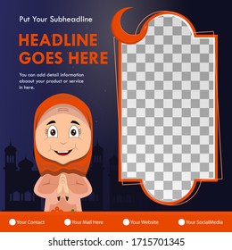ramadan greeting card design with ramadan kareem hijab cartoon character.